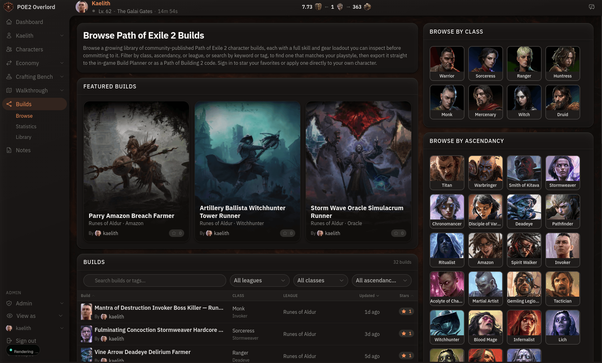 Browsing the community build library, filterable by class and ascendancy