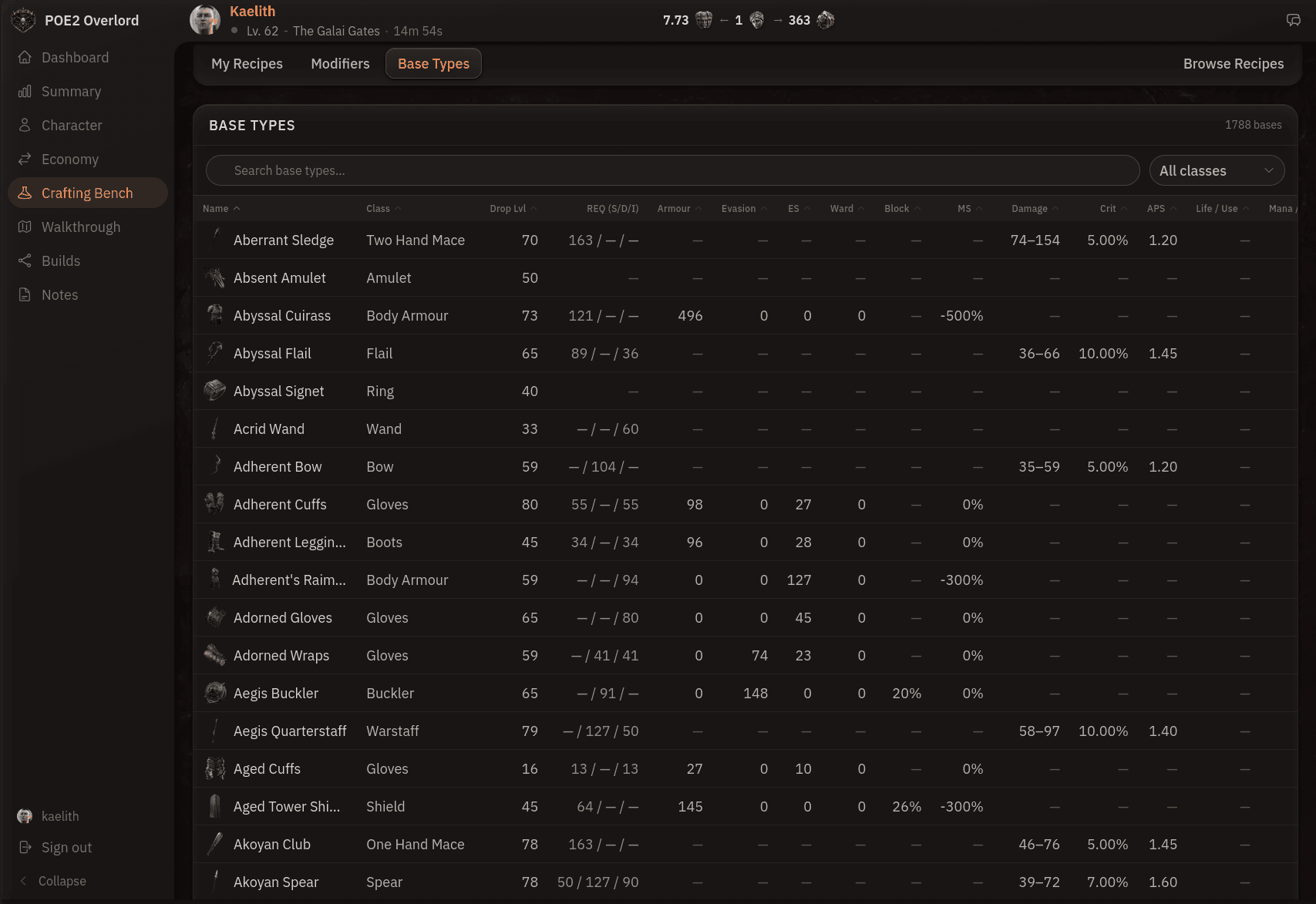 Searchable reference table of every item base type