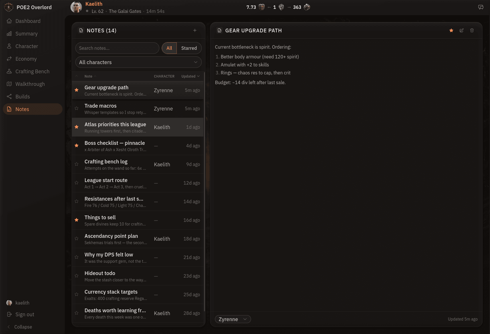 Notes list with a gear upgrade path note open