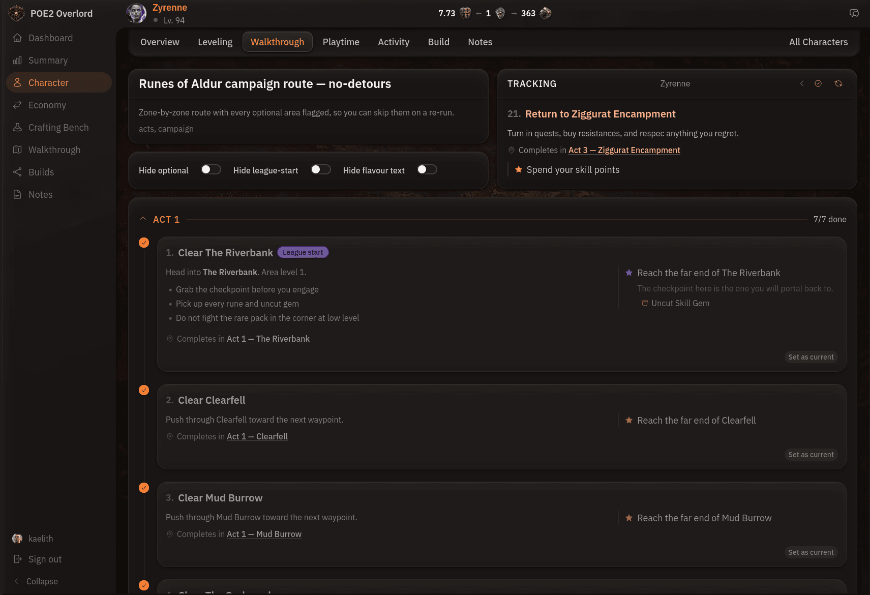 A personal campaign walkthrough with a live tracked step